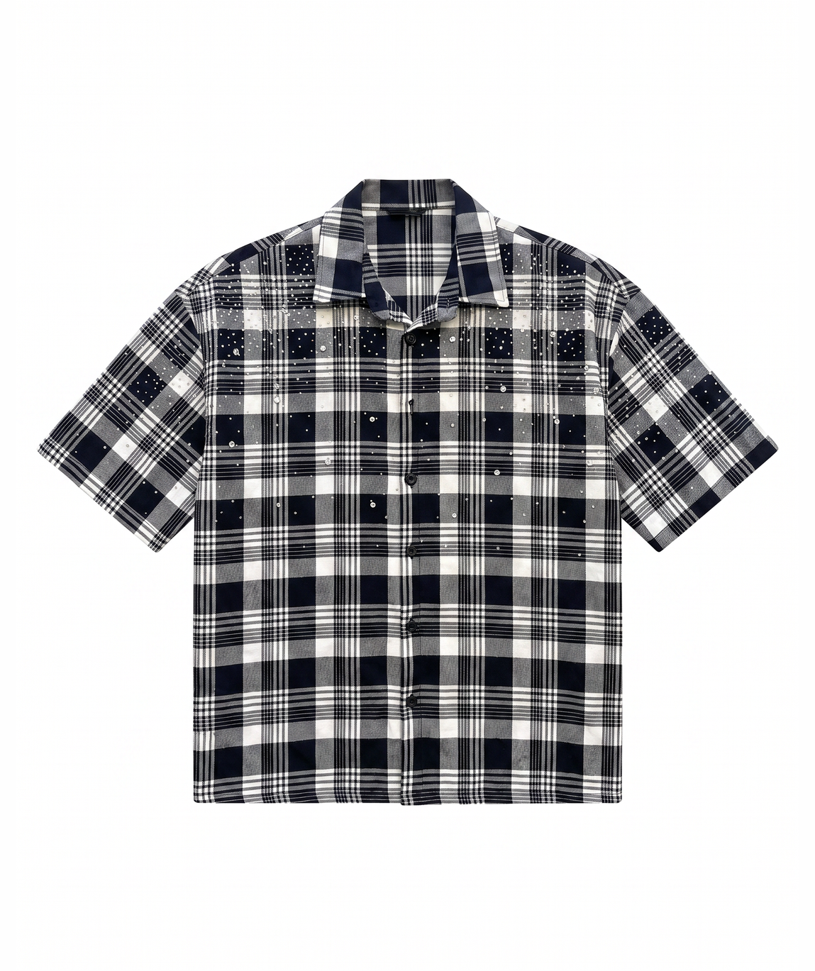 Camicia oversize manica corta a quadri tartan bianco e nero con strass applicati - VogaStore