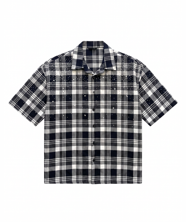 Camicia oversize manica corta a quadri tartan bianco e nero con strass applicati - VogaStore