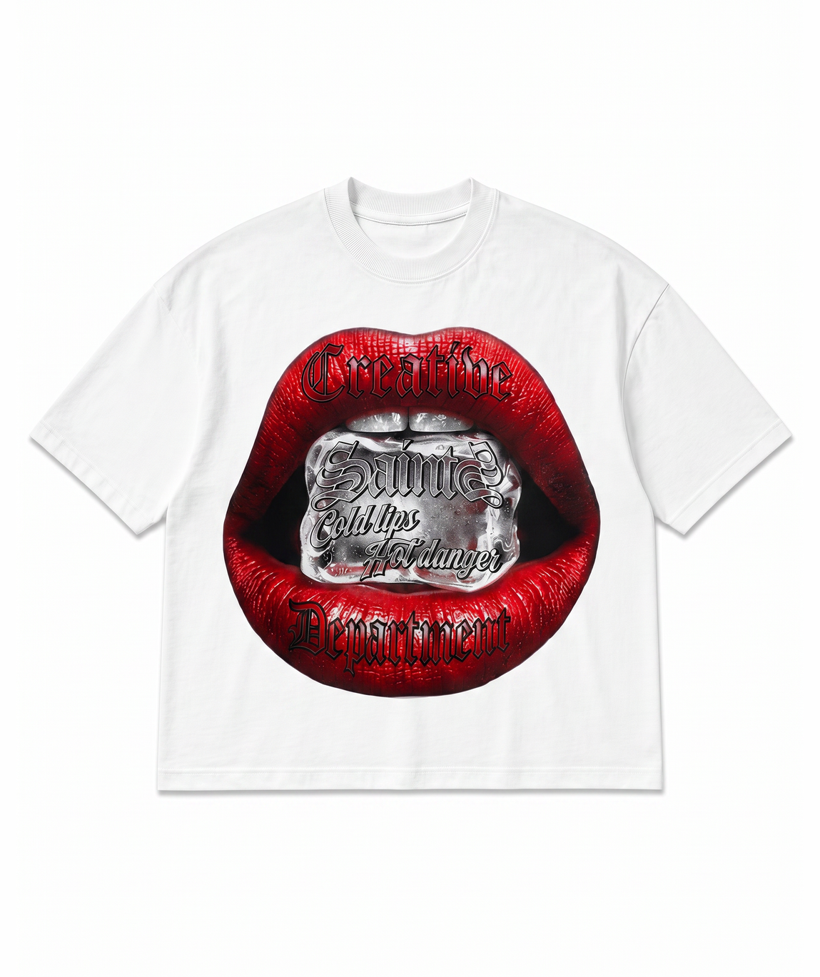 T-shirt oversize bianca con stampa labbra rosse e cubetto di ghiaccio, lettering gothic Creative Department - VogaStore