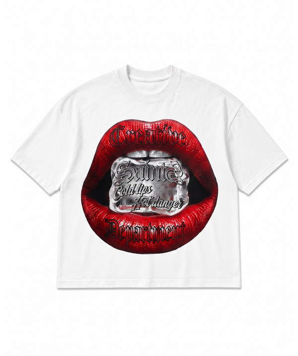 T-shirt oversize bianca con stampa labbra rosse e cubetto di ghiaccio, lettering gothic Creative Department - VogaStore