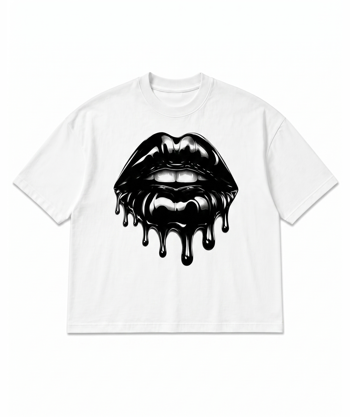 T-shirt oversize bianca con maxi stampa labbra cromate nere effetto metallo liquido - VogaStore