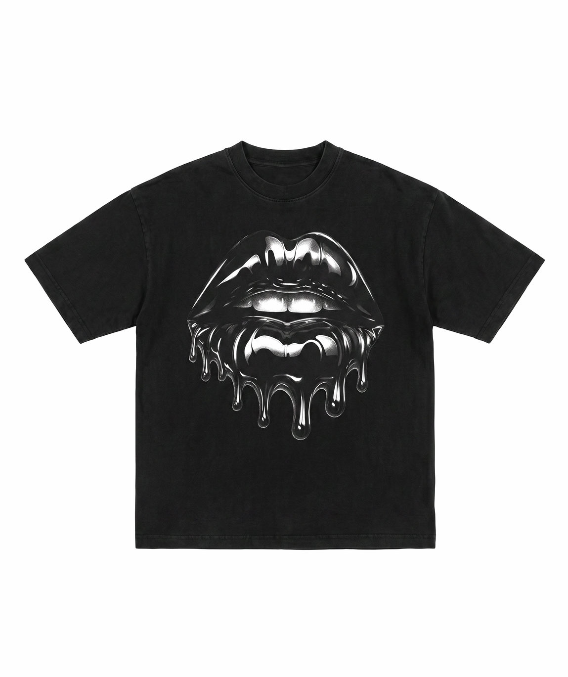 T-shirt oversize nera con maxi stampa labbra cromate effetto metallo liquido - VogaStore