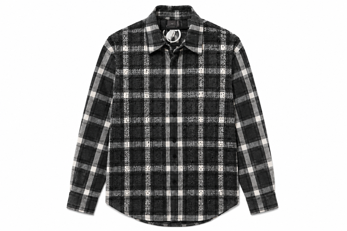 CHECKERED RHINESTONE FLUNNEL — Black