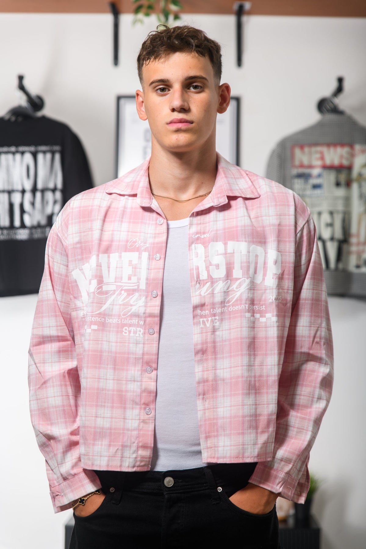 SHIRT NEVER STOP PLAID ROSA