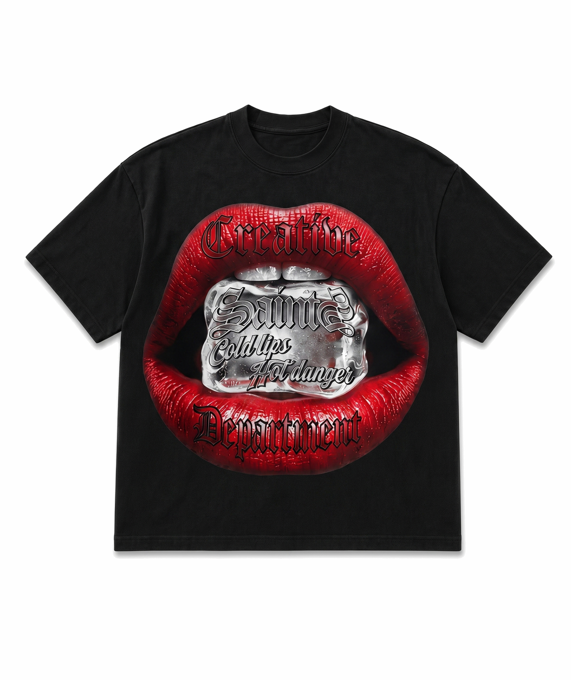 T-shirt oversize nera con stampa labbra rosse e cubetto di ghiaccio, lettering gothic Creative Department - VogaStore