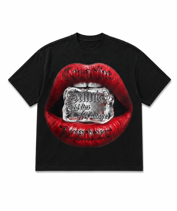 T-shirt oversize nera con stampa labbra rosse e cubetto di ghiaccio, lettering gothic Creative Department - VogaStore